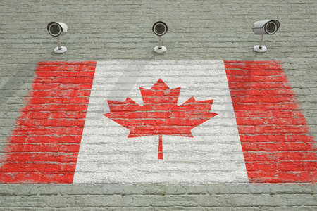 Brick wall with printed national flag of Canada and CCTV cameras. Surveillance system conceptual 3D renderingの写真素材