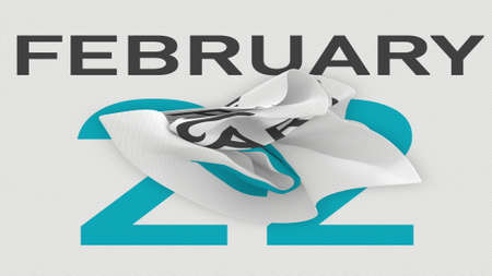 February 22 date behind crumpled paper page of a calendar, 3d rendering