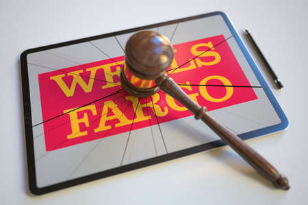 WELLS FARGO on the tablet computer screen hit by judges gavel. Court related editorial 3d rendering