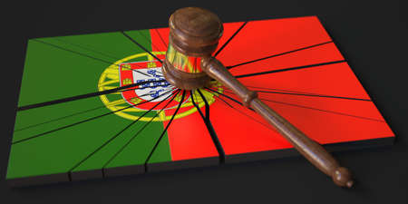 Judges gavel and broken block with flag of Portugal. Conceptual 3d renderingの写真素材
