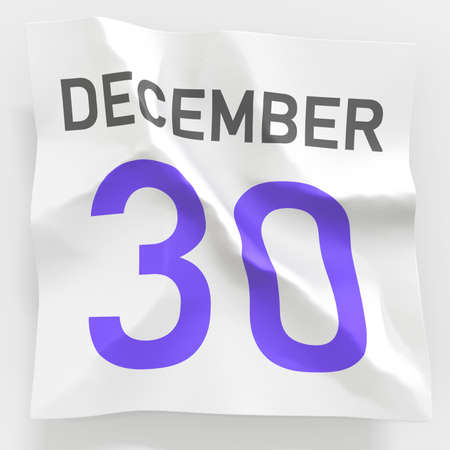December 30 date on crumpled paper page of a calendar, 3d renderingの写真素材