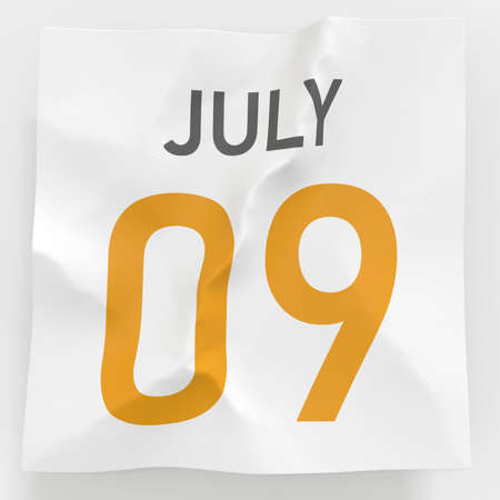 July 9 date on crumpled paper page of a calendar, 3d rendering
