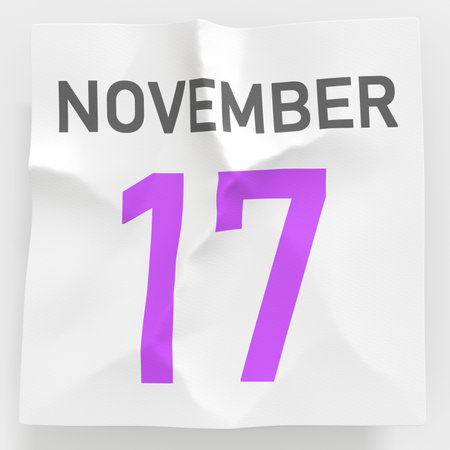 November 17 date on crumpled paper page of a calendar, 3d renderingの写真素材