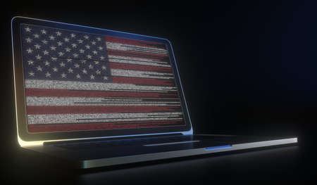Open laptop and computer code on the screen composing flag of the USA. Modern information technology related 3d renderingの写真素材