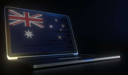 Flag of Australia made with computer code on the laptop screen. Hacking or cybersecurity related 3d renderingの写真素材