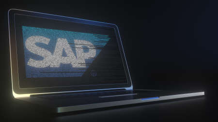 Computer screen with the logo of SAP made with source code. Editorial conceptual 3d renderingのeditorial素材