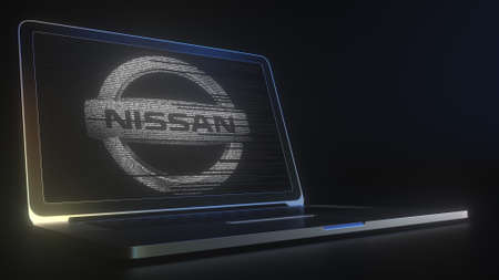 Computer screen with the logo of NISSAN made with source code. Editorial conceptual 3d rendering