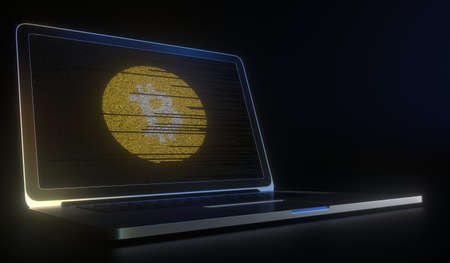 Bitcoin cash logo made with computer code on the laptop screen. Cryptocurrency mining or...