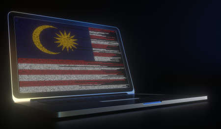 Flag of Malaysia made with computer code on the laptop screen. Hacking or cybersecurity related 3d renderingの写真素材