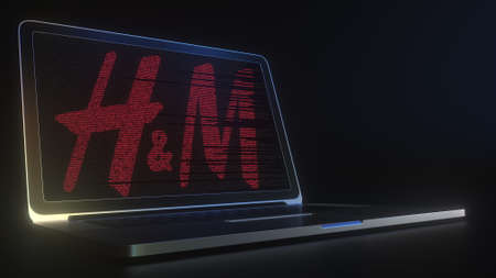 Computer screen with the logo of HM made with source code. Editorial conceptual 3d renderingのeditorial素材