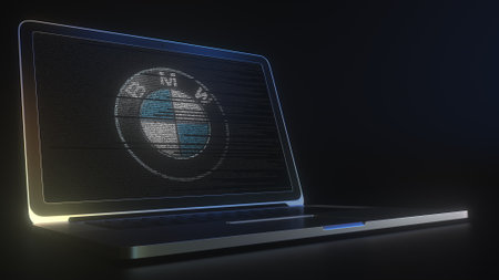 Computer screen with the logo of BMW made with source code. Editorial conceptual 3d renderingのeditorial素材