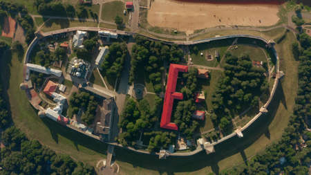 Aerial top down shot of the Veliky Novgorod Detinets or Kremlin historic fortress, Russia