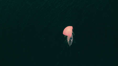 Aerial top down view of a sailboat with pink sail moving on the seaの写真素材