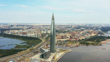 SAINT PETERSBURG, RUSSIA - JULY 13, 2021. Aerial view of the modern Lakhta Center skyscraper and the...