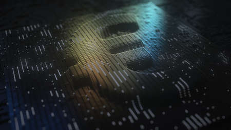 Hi-tech euro symbol made made with golden contacts and flashing lamps. Digital currency concept, 3D...