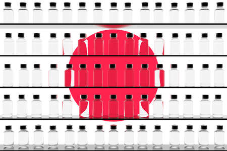 Flag of Japan and multiple vaccine vials. Vaccination concept. 3D renderingの写真素材