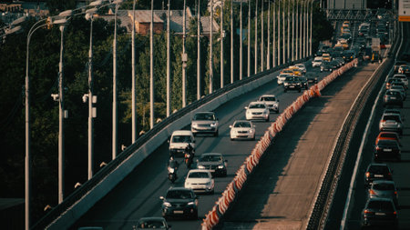 MOSCOW, RUSSIA - JULY 5, 2021. Tele shot of urban highway traffic jam and road worksのeditorial素材
