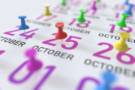 October 25 date and push pin on a calendar, 3D renderingの写真素材