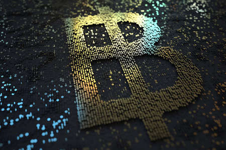 Bitcoin or Thai baht sign consisting of numbers. Digital currency or crypto fintech related conceptual 3D renderingの写真素材