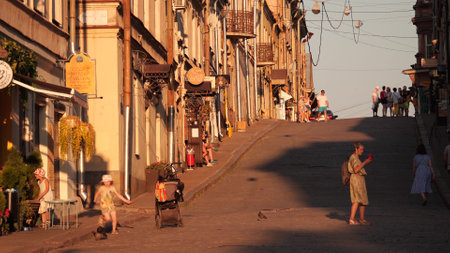 VYBORG, RUSSIA - JULY 10, 2021. The pedestrian street in historic centre of Vyborg in the eveningのeditorial素材