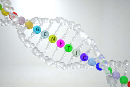 DNA molecule model with GENETIC text. 3D renderingの写真素材