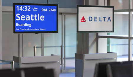 Flight from San francisco to Seattle, airport terminal gate. Editorial 3d renderingのeditorial素材
