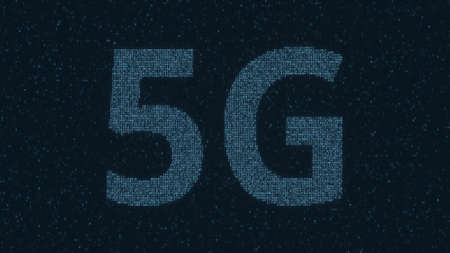 5G text consisting of many symbols on computer monitor. 3d rendering