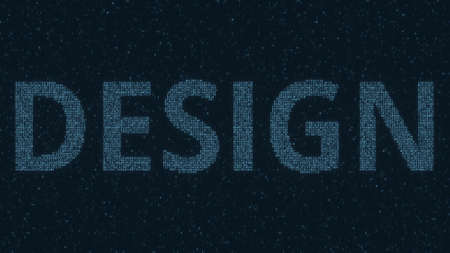 DESIGN text made with many symbols on computer screen, 3d rendering