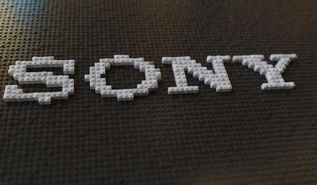 Plastic toy blocks compose logo of SONY, editorial conceptual 3d rendering
