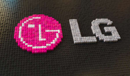 Plastic toy blocks compose logo of LG, editorial conceptual 3d renderingのeditorial素材