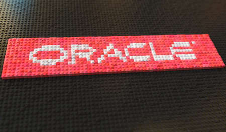 Plastic toy blocks compose logo of ORACLE, editorial conceptual 3d renderingのeditorial素材