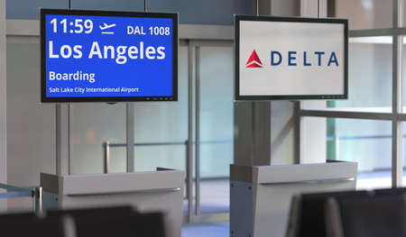 DELTA AIR LINES flight from Salt lake city international airport to Los angeles. Editorial 3d renderingのeditorial素材