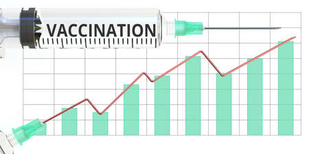 Syringe with VACCINATION text and conceptual rising graph. 3D renderingの写真素材