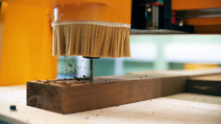 Turning on industrial woodworking CNC milling machineの写真素材