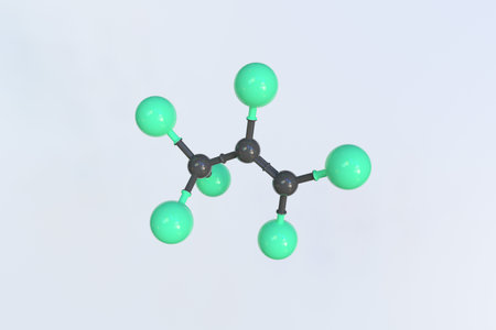 Molecule of hexachloropropene, isolated molecular model. 3D renderingの写真素材