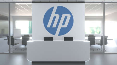 Logo of HEWLETT-PACKARD HP on a wall in the modern office, editorial conceptual 3D renderingのeditorial素材