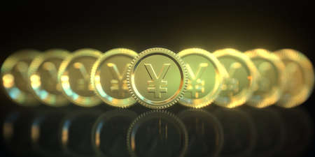 Yen symbols on golden coins on black background. Conceptual 3D renderingの写真素材