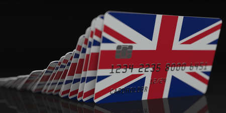 Falling plastic cards with flag of Great Britain on dark background, fictional data on card mockups. Economic crisis conceptual 3d renderingの写真素材