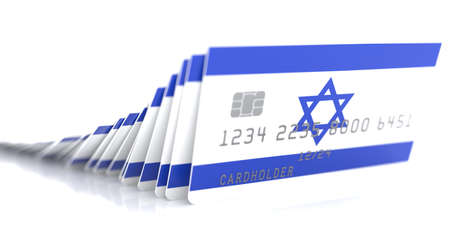 Line of fallen credit cards with flags of Israel on white background, 3d renderingの写真素材