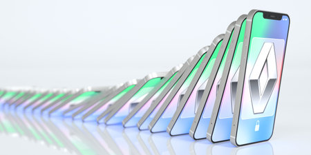 Domino effect, falling smartphones with logo of RENAULT. Conceptual editorial 3d renderingのeditorial素材