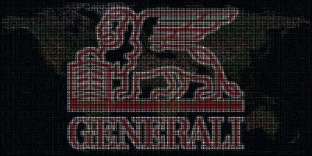 Logo of GENERALI made with dots and the world map. Editorial conceptual illustrationのeditorial素材