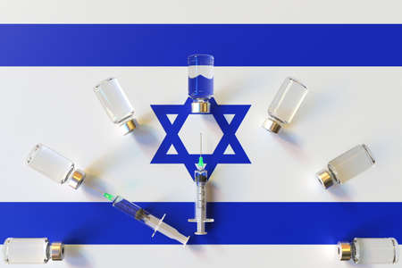 Syringes and medical vials on the flag of Israel. Vaccination related conceptual 3D renderingの写真素材
