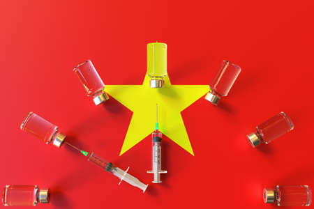 Glass vials and syringes on the flag 3Dの写真素材