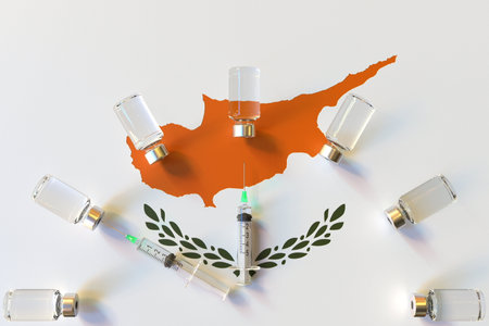 Flag of Cyprus and syrines with vaccine vials. Vaccination time concept 3D renderingの写真素材