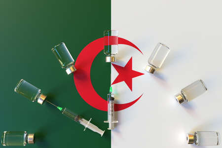 Glass vials and syringes on the flag 3D
