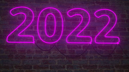 2022 sign made with glowing neon light tubes. 3D renderingの写真素材