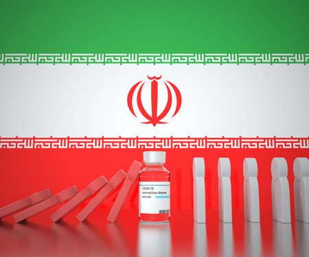 Coronavirus vaccine stops falling of people figures against the flag of Iran. Conceptual 3D renderingの写真素材