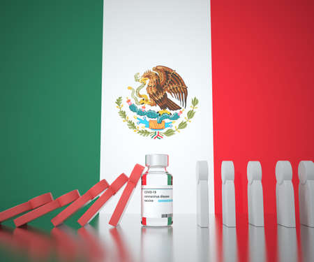 Coronavirus vaccine stops falling of people figures against the flag of Mexico. Conceptual 3D renderingの写真素材