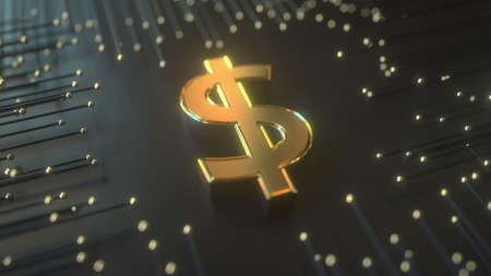Golden dollar symbol on premium black technologic background. Conceptual 3D renderingの写真素材