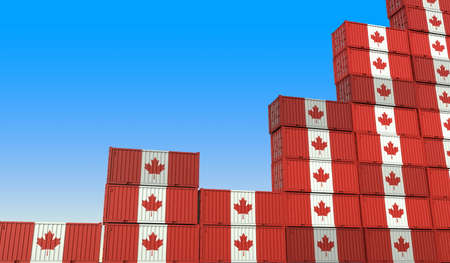 Industrial containers with flags of Canada making a rising graph. Economic growth related 3D renderingの写真素材